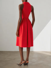 Red Classic Shirt Collar Sleeveless A-Line Midi Dress