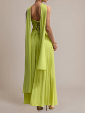 Green Chiffon A Line Off The Shoulder Sleeveless Floor Length Pleated Dress