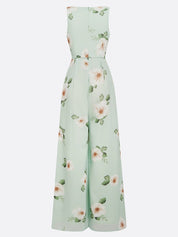 Light Green Floral V Neck Regular Fit Chiffon Jumpsuit