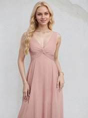 Dusty Rose Chiffon A Line V Neck Sleeveless Floor Length Bridesmaid Dress