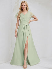 Celadon Chiffon A Line V Neck Ruffle Sleeves Floor Length Bridesmaid Dress