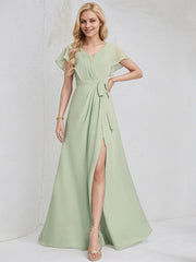 Celadon Chiffon A Line V Neck Ruffle Sleeves Floor Length Bridesmaid Dress