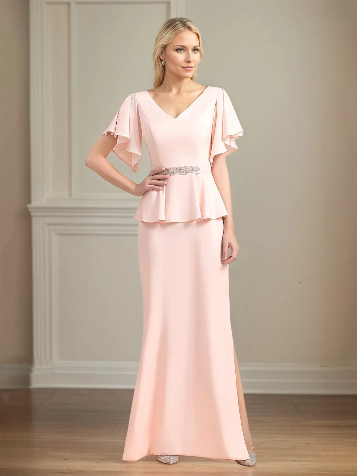 Chiffon V Neck Short Sleeves Floor Length Pleated Mother of the Bride Dresses With Ruffles