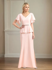 Chiffon V Neck Short Sleeves Floor Length Pleated Mother of the Bride Dresses With Ruffles