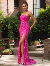 Elegant Fuchsia Strapless Sequin Gown with High Slit