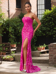 Elegant Fuchsia Strapless Sequin Gown with High Slit