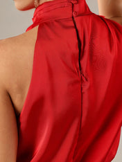 Red Satin Sheath/Column High Neck Sleeveless Ankle Length Bridesmaid Dress