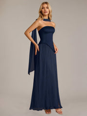 Navy A Line Satin Off The Shoulder Sleeveless Floor Length Dress