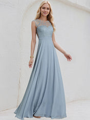 Dusty Blue Chiffon A Line Scoop Sleeveless Floor Length Bridesmaid Dress With Appliques