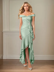 Sheath/Column Satin Off The Shoulder Sleeveless Asymmetrical Dress