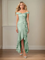Sheath/Column Satin Off The Shoulder Sleeveless Asymmetrical Dress