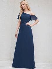 Navy Blue Chiffon A Line One Shoulder Short Sleeves Floor Length Bridesmaid Dress