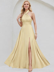 Champagne Satin A Line V Neck Short Sleeves Floor Length Bridesmaid Dress
