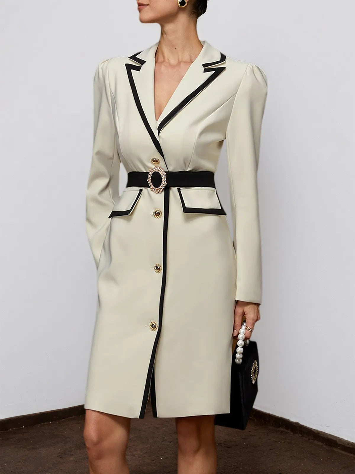 Off White Piping Lapel Collar Long Sleeve Sheath Midi Blazer Dress