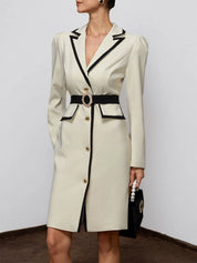 Off White Piping Lapel Collar Long Sleeve Sheath Midi Blazer Dress