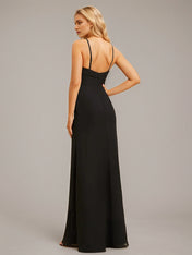 Black Stretch Crepe Sheath/Column Halter Floor-Length Chiffon Bridesmaid Dress