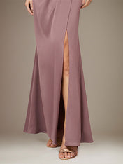 Mauve Satin One Shoulder 1/2 Sleeves Floor Length Pleated Dress With High Slit