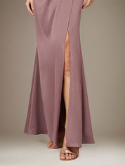 Mauve Satin One Shoulder 1/2 Sleeves Floor Length Pleated Dress With High Slit