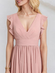 Dusty Rose Chiffon A Line V Neck Sleeveless Floor Length Bridesmaid Dress With Ruffle