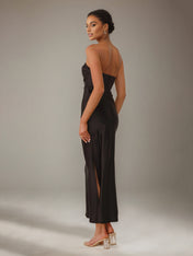Black Satin Sheath/Column V Neck Ankle Length Bridesmaid Dresses