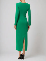 Green Deep V Neck Long Sleeve Sheath Maxi Dress