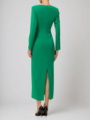 Green Deep V Neck Long Sleeve Sheath Maxi Dress
