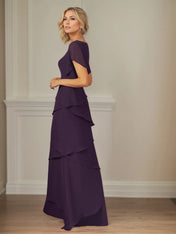 A Line V Neck Flutter Sleeve Floor Length Chiffon Mother of the Bride Dress