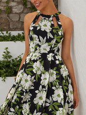 Green Floral Hollow Out Chiffon Halter Neck Sleeveless A-Line Maxi Dress