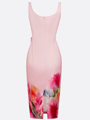 Pink Bow Floral Square Neck Sheath Midi Satin Dress