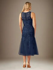 Sheath/Column Lace Scoop Neck Sleeveless Tea Length Dress