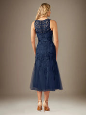 Sheath/Column Lace Scoop Neck Sleeveless Tea Length Dress