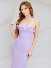 Lilac Chiffon Spaghetti Straps Sleeveless Floor Length Bridesmaid Dress With Cascading Ruffles