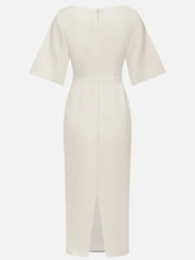 White Buckle Classic Crew Neck Short Sleeve Sheath Midi Dress