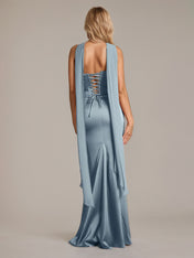 Dusty Blue Sheath/Column Satin Off The Shoulder Sleeveless Floor Length Dress