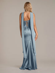 Dusty Blue Sheath/Column Satin Off The Shoulder Sleeveless Floor Length Dress