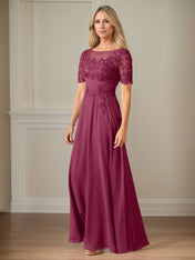 A Line Chiffon Scoop Neck Short Sleeves Floor Length Mother of the Bride Dresses With Appliques