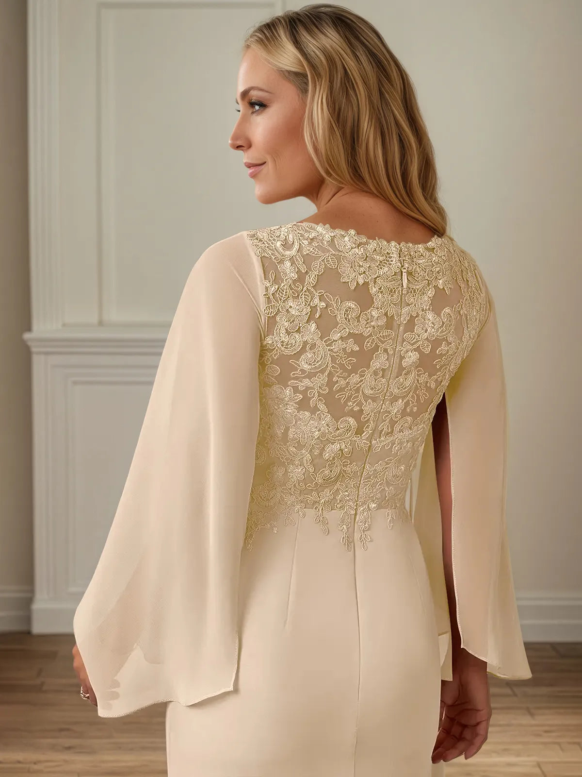 Sheath/Column Chiffon V Neck Long Sleeves Floor Length Mother of the Bride Dresses With Appliques