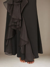 Black Stretch Crepe Off the Shoulder Sleeveless Ankle Length Dress With 3D Flower