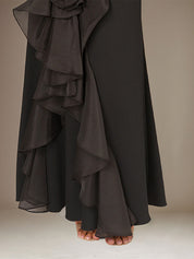 Black Stretch Crepe Off the Shoulder Sleeveless Ankle Length Dress With 3D Flower