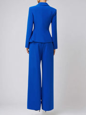 Women Blue Buckle Lapel Collar Long Sleeve Coat With Pants Two-Piece Set