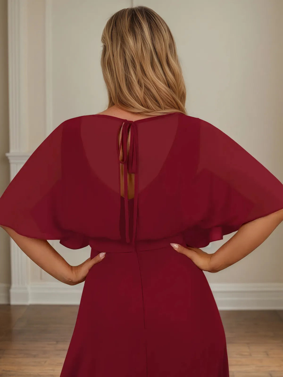 A Line V Neck 1/2 Sleeve Floor Length Chiffon Mother of the Bride Dress