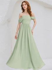 Celadon Chiffon A Line Off the Shoulder Sleeveless Floor Length Pleated Bridesmaid Dress