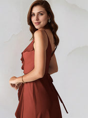 Rust Chiffon A Line Spaghetti Straps Sleeveless Floor Length Bridesmaid Dress