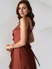 Rust Chiffon A Line Spaghetti Straps Sleeveless Floor Length Bridesmaid Dress