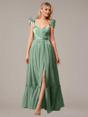 Green A Line V Neck Sleeveless Floor Length Dresses With Ruffles