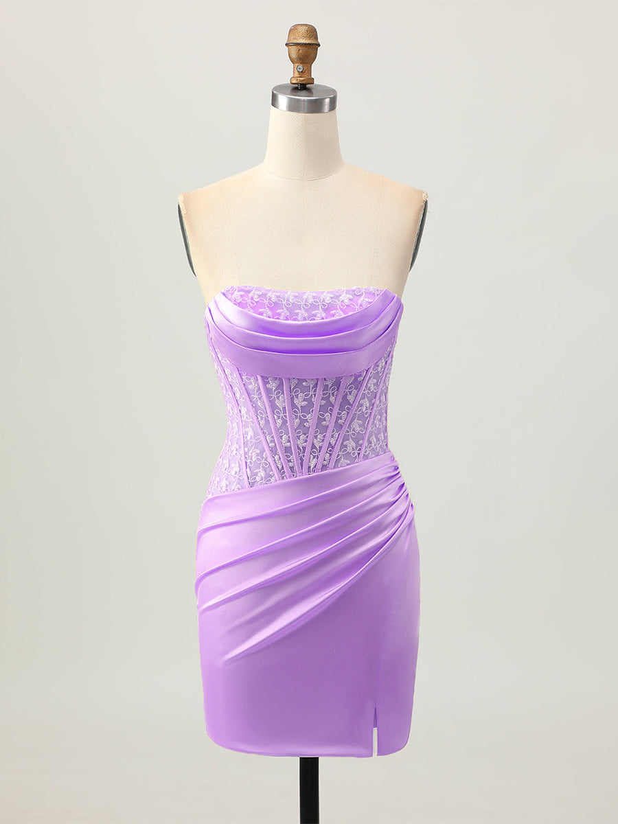 Blue Tight Strapless Satin Corset Homecoming Dress with Lace Up Back