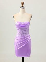 Blue Tight Strapless Satin Corset Homecoming Dress with Lace Up Back