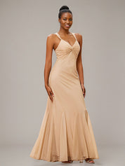 Champagne Trumpet/Mermaid Chiffon V Neck Sleeveless Floor-Length Bridesmaid Dresses