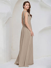 Taupe Chiffon A Line One Shoulder Sleeveless Floor Length Bridesmaid Dress