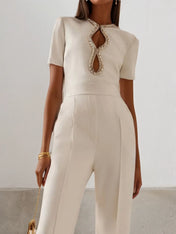 Women White Cut Out Short Sleeve Rheinstone Wide-Leg Jumpsuit